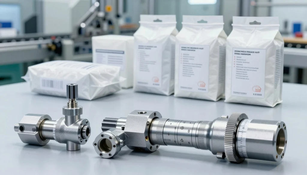 A highly detailed, technical illustration showcasing the optimal entrance reducer setting for new packages. In the foreground, highlight a close-up of various adjustable reducer settings, with clear indicators and calibration marks, capturing intricate adjustments. The middle ground features an array of newly packaged products, elegantly displayed with visible dimensions and clear packaging types. The background should consist of a soft-focus factory setting, hinting at machinery and conveyor belts but not detracting from the main subject. Utilize cool fluorescent lighting to highlight the metallic surfaces of the reducer settings, with a slight reflection to suggest precision. The overall mood should be professional and informative, conveying a sense of modern industrial efficiency and attention to detail. A highly detailed, technical illustration showcasing the optimal entrance reducer setting for new packages