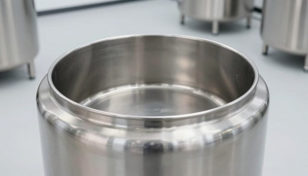 A highly polished stainless steel honey settling tank takes center stage, showcasing its reflective surface that catches the light beautifully. In the foreground, the tank is angled to display its smooth, sleek contours, with subtle highlights and shadows enhancing its three-dimensional form. The middle ground features a clean, minimalist workshop environment that suggests industrial efficiency, with soft white lighting illuminating the space, emphasizing the tank's shine. The background is subtly blurred to keep the focus on the tank, featuring hints of other stainless steel equipment to convey a professional setting. The atmosphere is crisp and modern, reflecting the industry’s standard for cleanliness and durability. Capture this with a slight overhead angle, resembling a high-quality magazine photograph, ensuring there are no text or watermarks included.