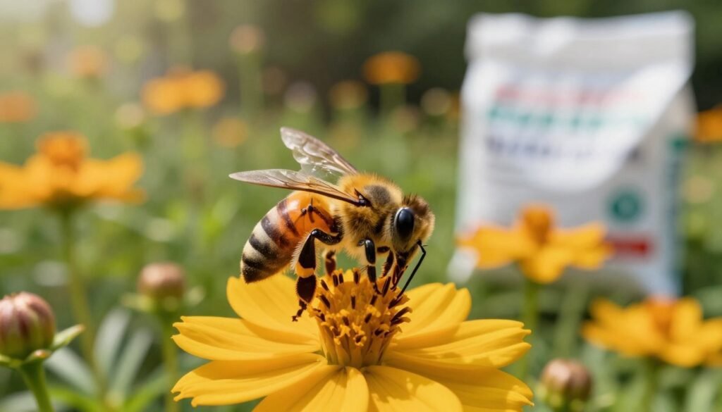A honey bee delicately perched on a vibrant flower, surrounded by a lush garden, illustrating the importance of pesticide safety. In the foreground, the bee is in sharp focus, showcasing its intricate features and fuzzy, golden body. The middle ground includes blooming flowers and plants, appealing and healthy, conveying a safe environment. In the background, blurred silhouettes of pesticide bags signify potential risks while remaining non-intrusive. The scene is bathed in warm, natural sunlight, casting a soft glow that evokes a peaceful, harmonious atmosphere. Utilize a macro lens effect to accentuate the bee and flowers, creating a captivating and informative visual that reflects the delicate balance of pesticide use and bee safety. A honey bee delicately perched on a vibrant flower, surrounded by a lush garden, illustrating the importance of pesticide safety. In the foreground, the bee is in sharp focus, showcasing its intricate features and fuzzy, golden body. The middle ground includes blooming flowers and plants, appealing and healthy, conveying a safe environment. In the background, blurred silhouettes of pesticide bags signify potential risks while remaining non-intrusive. The scene is bathed in warm, natural sunlight, casting a soft glow that evokes a peaceful, harmonious atmosphere. Utilize a macro lens effect to accentuate the bee and flowers, creating a captivating and informative visual that reflects the delicate balance of pesticide use and bee safety.