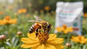 A honey bee delicately perched on a vibrant flower, surrounded by a lush garden, illustrating the importance of pesticide