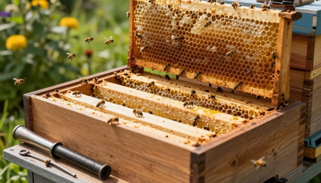 A honey bee hive set up for requeening, with a close-up view of a wooden hive box opened at the front. In the foreground, beekeeper tools such as a smoker and hive tool rest on a wooden surface, with bees actively flying around. In the middle, the hive frames are visible, some showing empty cells ready for a new queen. Soft, natural lighting filters through, creating a warm atmosphere that emphasizes the golden hues of honeycomb and bees. In the background, a lush green garden blooms, hinting at a thriving ecosystem. The angle is slightly tilted to give an immersive perspective, while the scene conveys a sense of preparation and care in beekeeping.