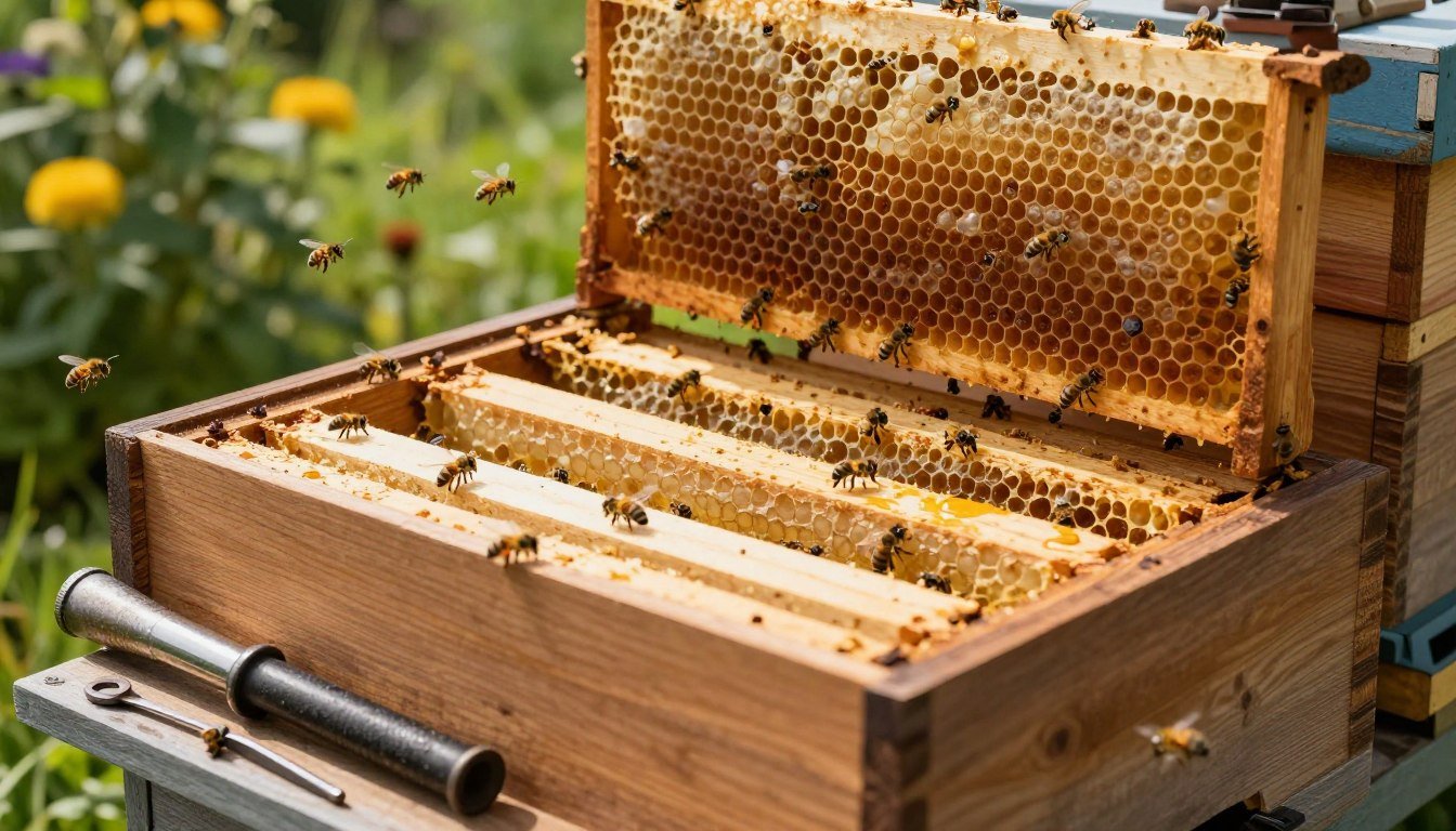 A honey bee hive set up for requeening, with a close-up view of a wooden hive box opened at the front
