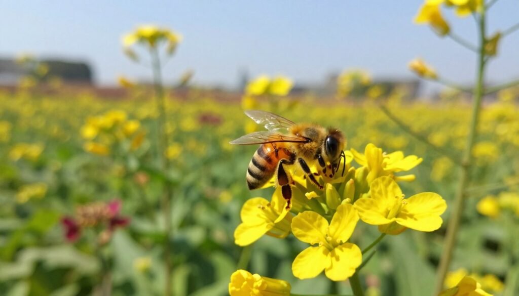 A honey bee in vivid detail, poised delicately on a bright yellow flower, surrounded by lush green foliage. In the foreground, focus on the bee collecting pollen, its wings glistening in warm sunlight. In the middle ground, include a soft blur of blooming flowers, showcasing diversity in color and shape, representing the various crops being pollinated. The background features a serene farm landscape under a clear blue sky, suggesting the balance of nature and agriculture. Use a warm, inviting color palette with soft, natural lighting to create a calm and productive atmosphere. Capture this scene from a slightly elevated angle to highlight the interaction between the bee and the flowers, emphasizing the critical role of pollination in agriculture.