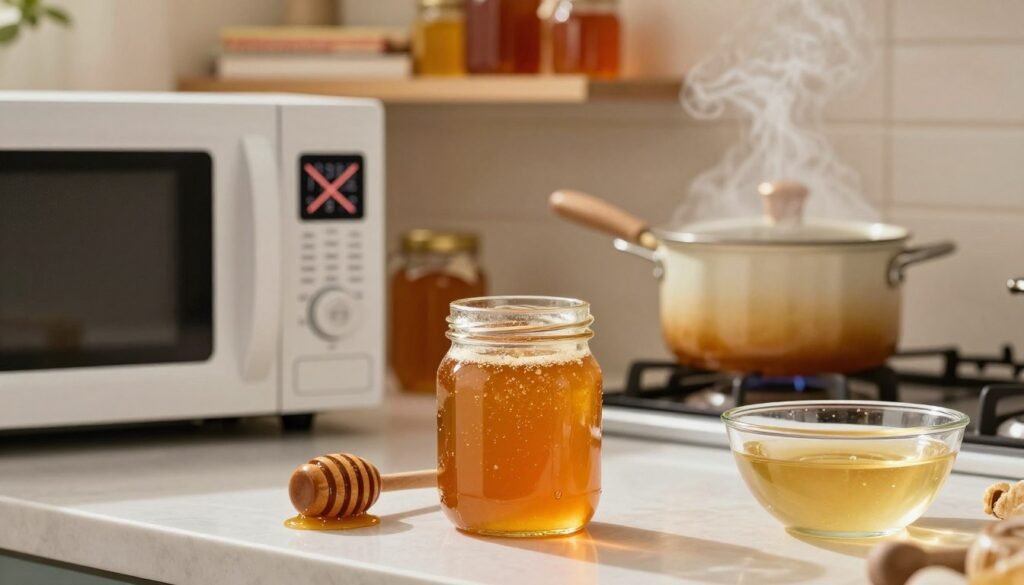 A kitchen countertop scene featuring crystallized honey in a clear glass jar, surrounded by common mistakes to avoid when liquefying it. In the foreground, show a warm, amber-colored honey jar with visible sugar crystals, a wooden honey dipper beside it, and a bowl of hot water. In the middle, include a microwave with a digital timer indicating a high temperature setting crossed out, and a stovetop pot with steam rising, symbolizing overcooking. In the background, softly lit shelves with cooking books and jars of honey highlight the kitchen atmosphere. The lighting should be warm and inviting, creating a cozy homey vibe, with soft shadows to emphasize the textures of the honey and kitchen items. No people are present, keeping the focus on the mistakes illustrated by the items.