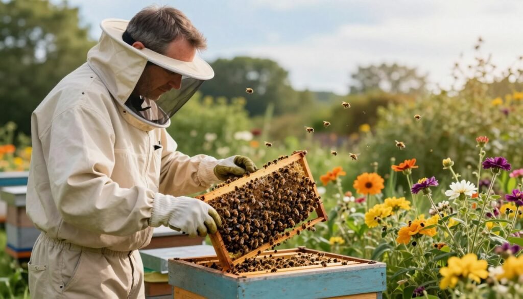 A knowledgeable beekeeper in professional attire carefully observes a hive of bees during a demonstration on managing their behavior, set outdoors in a serene garden. The foreground features the beekeeper, a middle-aged man with short hair, wearing a lightweight protective suit and gloves, using a smoker to calm the bees. In the middle ground, the bee hive stands surrounded by vibrant flowers, with bees gently flying around. The background includes lush greenery and a clear blue sky, adding to the peaceful atmosphere. Soft, natural lighting enhances the scene, with a slight warm glow suggesting a late afternoon. The image captures a sense of tranquility and focus, ideal for illustrating the importance of understanding bee behavior during installations.