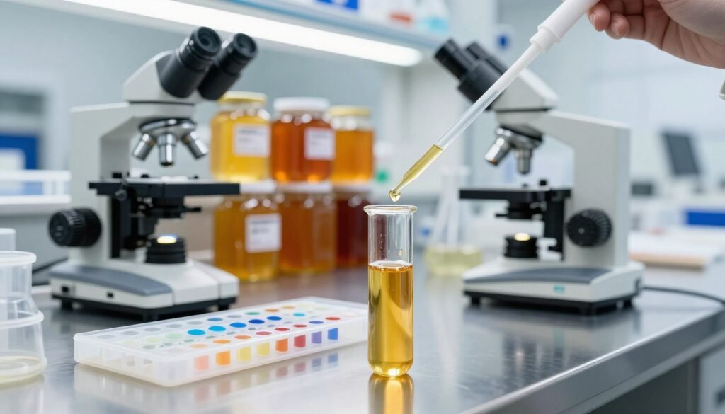 A laboratory setting focused on detecting adulteration in honey; in the foreground, a clear glass test tube filled with golden honey, with a few drops being added from a pipette containing a bioindicator solution. The middle ground features a scientific workspace with essential equipment like a microscope and amylase enzyme assay kits, neatly organized on a stainless steel countertop. In the background, a vibrant array of honey samples in labeled jars reflects the diversity of honey types. The lighting is bright and clinical, emanating from overhead fluorescent lights, creating a sterile atmosphere. The image conveys a sense of scientific rigor and precision, highlighting the importance of quality control in honey analysis.