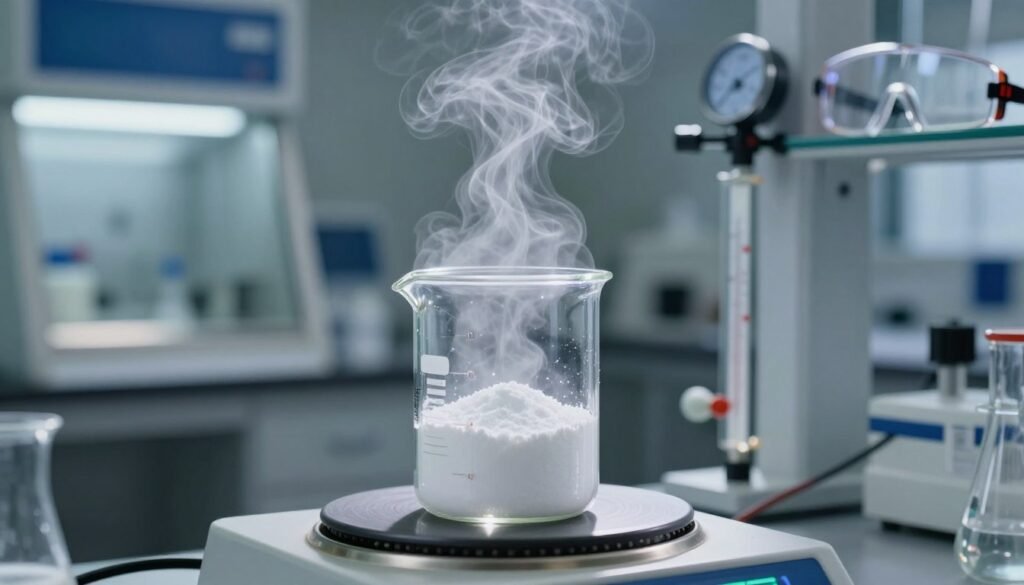 A laboratory setting showcasing the vaporization of oxalic acid. In the foreground, a glass beaker filled with solid oxalic acid sits atop a digital hot plate, with vapors visibly rising in delicate wisps. The middle ground features a high-quality close-up shot of the vapor interacting with the air, reflecting subtle shimmers of light. The background includes lab equipment such as a fume hood, digital thermometers, and safety goggles hung on a nearby rack. Bright, focused lighting enhances the clarity of the glassware and vapor, while cooler tones create a professional yet dynamic atmosphere. The scene captures the transition from solid to gaseous form, illustrating the scientific process of vaporization.