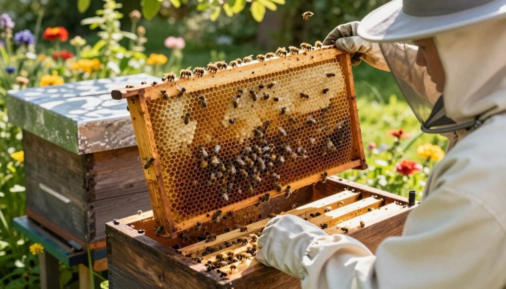 A large, detailed view of a nucleus hive, showcasing its intricate structure with hexagonal cells filled with golden honey and buzzing bees. In the foreground, a beekeeper wearing a protective suit gently inspects the hive, focused and attentive. The middle ground captures the hive's wooden exterior, weathered yet sturdy, set against vibrant green foliage. In the background, a sunlit garden blooms with colorful flowers, enhancing the natural ambiance. Soft, warm lighting filters through the trees, casting gentle shadows and creating a tranquil atmosphere. The scene conveys a sense of harmony and care within nature, ideal for emphasizing the importance of timing when installing a nuc. The angle is slightly elevated to capture the detail of the hive and the beekeeper's interaction. A large, detailed view of a nucleus hive, showcasing its intricate structure with hexagonal cells filled with golden honey and buzzing bees. In the foreground, a beekeeper wearing a protective suit gently inspects the hive, focused and attentive. The middle ground captures the hive's wooden exterior, weathered yet sturdy, set against vibrant green foliage. In the background, a sunlit garden blooms with colorful flowers, enhancing the natural ambiance. Soft, warm lighting filters through the trees, casting gentle shadows and creating a tranquil atmosphere. The scene conveys a sense of harmony and care within nature, ideal for emphasizing the importance of timing when installing a nuc. The angle is slightly elevated to capture the detail of the hive and the beekeeper's interaction.