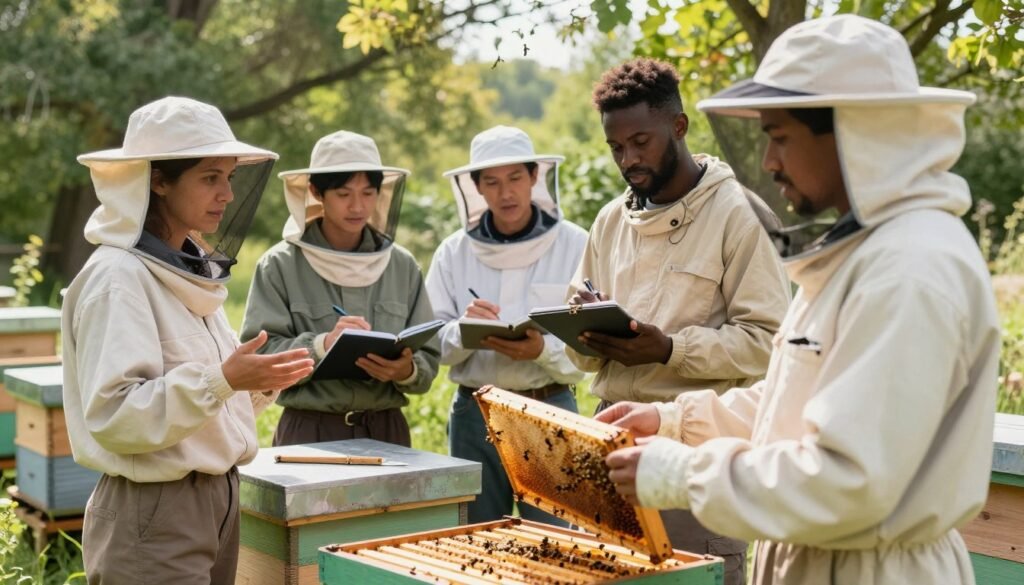 A lively scene depicting a group of diverse, professional beekeepers in modest attire, engaged in an educational workshop about debunking myths in modern beekeeping. In the foreground, a female beekeeper is demonstrating a beehive, gesturing confidently while holding a frame filled with honeycomb. In the middle ground, two male beekeepers, one of Asian descent and one Black, are observing intently, taking notes and discussing. The background features lush greenery, sunlight filtering through trees, creating a warm and inviting atmosphere. A few beehives are visible, showcasing their importance in sustainable agriculture. The composition is bright and natural, with soft lighting enhancing the feeling of camaraderie and enlightenment. The angle captures the interaction among the beekeepers, emphasizing collaboration and knowledge-sharing.