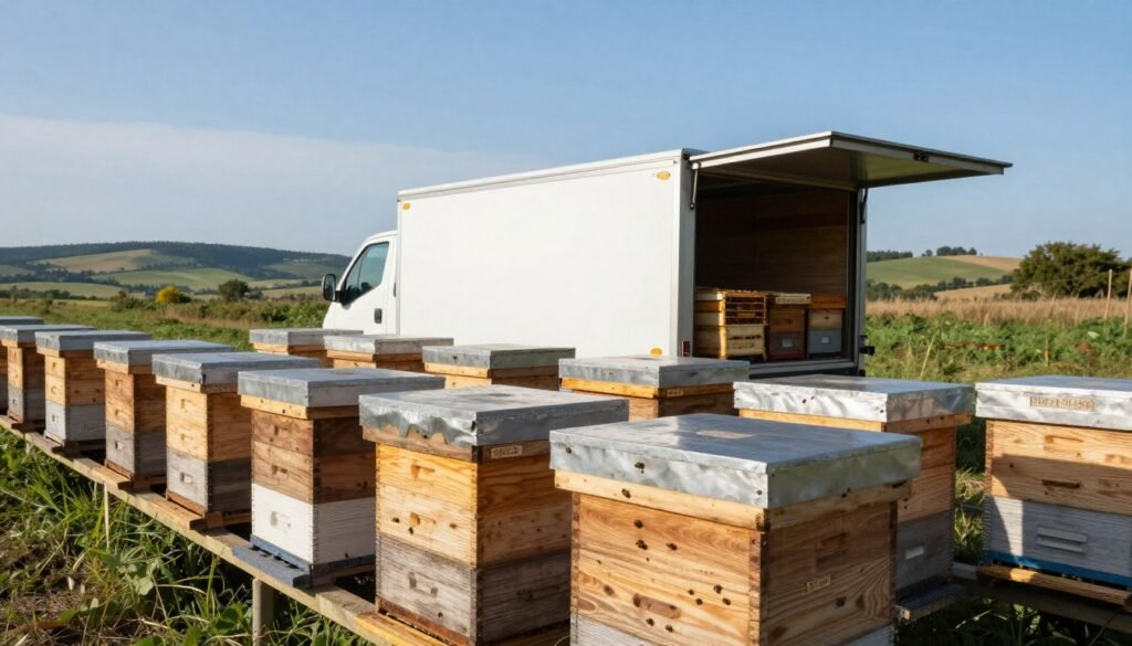 A long distance transport hive set against a clear blue sky, emphasizing its functionality and efficiency. In the foreground, detailed wooden bee boxes are neatly stacked, each labeled for easy identification. Honey bees can be seen buzzing around, showcasing their active nature. The middle ground features a transport vehicle with a spacious open bed designed for securely holding the hives during transit. In the background, rolling hills and greenery create a serene landscape, emphasizing the importance of safe and healthy transport. The lighting is soft and natural, imbuing the scene with a calm and professional feel. Use a wide-angle perspective to capture the scale and organization of the setup, highlighting the careful planning involved in transporting bees safely.