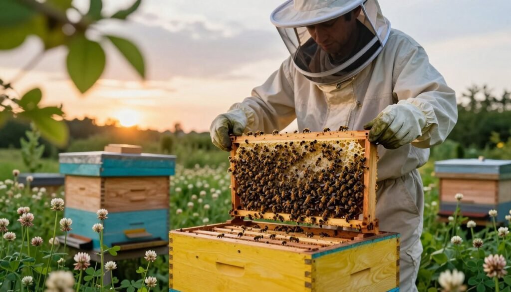 A lush garden scene depicting a beekeeping setup with a new nuc hive in the foreground. The nuc is made of wood with a vibrant coat of paint, revealing bees actively coming and going. Surrounding the nuc, soft clover flowers bloom, attracting foraging bees. In the middle ground, a beekeeper in professional attire carefully examines the hive, wearing a protective veil and gloves, showcasing an attentive and knowledgeable demeanor. The background features a gradient sky with soft afternoon sunlight filtering through green leaves, creating a warm and serene atmosphere. The image captures a sense of calm and focus, highlighting the moment of determining when to stop feeding the nuc. The perspective is slightly elevated, emphasizing the details of the hive and the beekeeper’s careful examination.