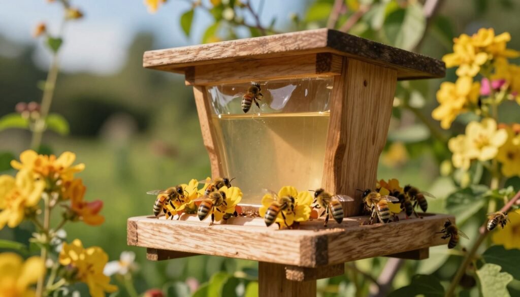 A lush garden scene focused on a wooden bee feeder surrounded by vibrant, flowering plants that attract bees. In the foreground, a close-up view of bees busily gathering nectar from brightly colored blossoms, displaying their intricate details. The middle ground features the bee feeder, constructed of natural materials, filled with a thick sugar-water solution. The background reveals soft-focus, sunny greenery, with a hint of a blue sky peeking through the leaves, creating a warm and inviting atmosphere. The lighting is soft and golden, reminiscent of late afternoon sun, evoking a sense of peace and harmony in nature. Capture this scene with a slight downward angle to emphasize the bees' activity around the feeder. A lush garden scene focused on a wooden bee feeder surrounded by vibrant, flowering plants that attract bees. In the foreground, a close-up view of bees busily gathering nectar from brightly colored blossoms, displaying their intricate details. The middle ground features the bee feeder, constructed of natural materials, filled with a thick sugar-water solution. The background reveals soft-focus, sunny greenery, with a hint of a blue sky peeking through the leaves, creating a warm and inviting atmosphere. The lighting is soft and golden, reminiscent of late afternoon sun, evoking a sense of peace and harmony in nature. Capture this scene with a slight downward angle to emphasize the bees' activity around the feeder.