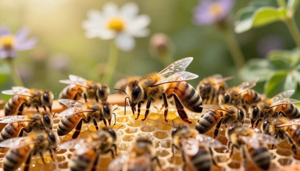 A lush garden setting in the foreground features a new queen bee, distinctively larger than her attendants, surrounded by a flurry of worker bees. The queen is vividly detailed, showcasing her elongated body and shiny, dark abdomen, as she gracefully navigates among the busy bees on the vibrant honeycomb. In the middle ground, gentle sunlight filters through the leaves, casting a warm golden glow on the scene, highlighting the intricate patterns on the honeycomb. In the background, soft-focus wildflowers and green foliage create a serene and natural atmosphere. The composition is captured with a macro lens, emphasizing the delicate beauty and importance of the new queen in the hive. The overall mood is one of harmony and vitality, conveying the significance of assessing the health and quality of the new queen. A lush garden setting in the foreground features a new queen bee, distinctively larger than her attendants, surrounded by a flurry of worker bees. The queen is vividly detailed, showcasing her elongated body and shiny, dark abdomen, as she gracefully navigates among the busy bees on the vibrant honeycomb. In the middle ground, gentle sunlight filters through the leaves, casting a warm golden glow on the scene, highlighting the intricate patterns on the honeycomb. In the background, soft-focus wildflowers and green foliage create a serene and natural atmosphere. The composition is captured with a macro lens, emphasizing the delicate beauty and importance of the new queen in the hive. The overall mood is one of harmony and vitality, conveying the significance of assessing the health and quality of the new queen.