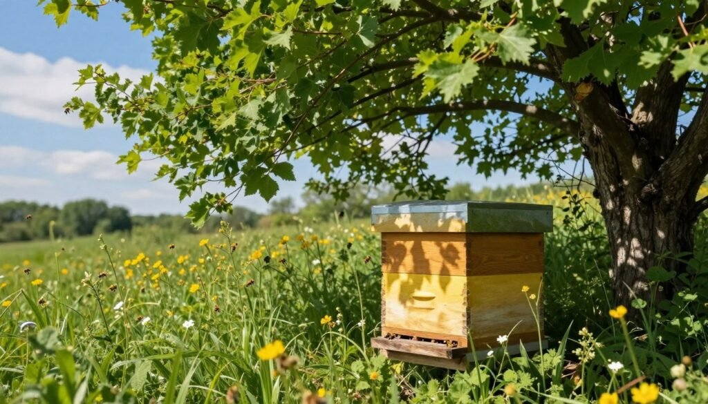 A lush, green landscape showcasing a beehive nestled under the gentle shade of a large, leafy tree. In the foreground, the hive is painted in warm hues of yellow and brown, surrounded by vibrant wildflowers and bees buzzing softly. The middle ground features dappled sunlight filtering through the tree's leaves, creating a pattern of light and shadow on the ground, emphasizing the protective shade over the hive. In the background, a serene blue sky with wispy clouds complements the scene. The atmosphere is calm and peaceful, evoking a sense of tranquility and safety for the bees. The image is captured with a soft focus lens, highlighting the interplay of light and natural elements, creating a harmonious environment for the bees.