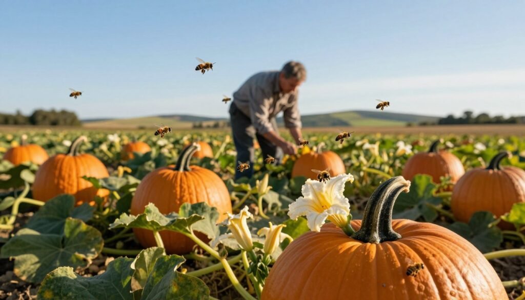 A lush pumpkin field in the foreground, with vibrant orange pumpkins scattered among the green vines. In the center, an agronomist in professional attire carefully examines a section of the field, under clear blue skies. Bees are actively flying around, showcasing the importance of pollination, with a close-up view of a few bees on blooming pumpkin flowers. The background features a soft-focus view of rolling hills and a clear horizon, bathed in warm, golden sunlight. The mood is serene and productive, emphasizing the critical role of assessing bee density for effective pollination. The image is captured from a low angle to highlight the pumpkins and bees, ensuring a dynamic perspective.