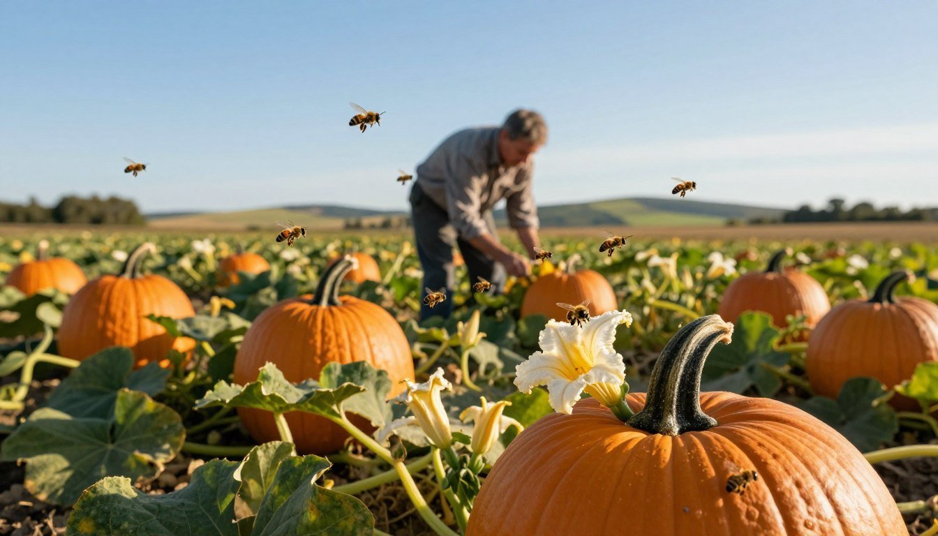 A lush pumpkin field in the foreground, with vibrant orange pumpkins scattered among the green vines