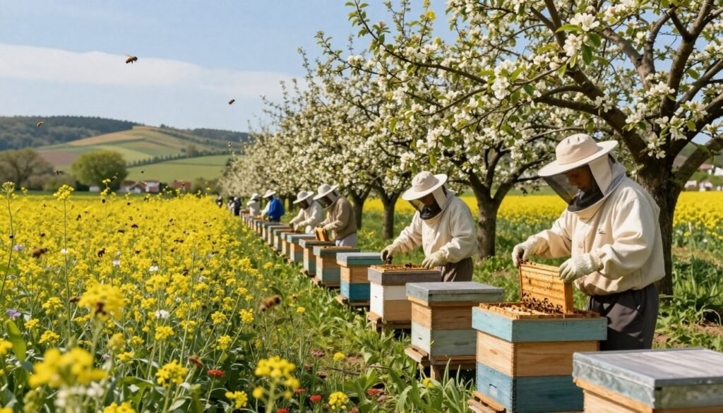 A lush, sunlit agricultural field filled with vibrant wildflowers and blooming fruit trees, showcasing bees diligently pollinating the flowers. In the foreground, a team of professional beekeepers in modest, casual clothing tends to carefully arranged beehives, emphasizing sustainable practices. The middle ground features a diverse array of flowering crops, with bees in motion, highlighting the vital role of pollinators in agriculture. In the background, a picturesque landscape with rolling hills under a clear blue sky, capturing a peaceful yet productive agricultural atmosphere. The lighting is warm and natural, evoking a sense of harmony between nature and farming. The composition is framed from a slightly elevated angle, creating an inviting perspective that embodies the balance of profitability and sustainability in beekeeping.