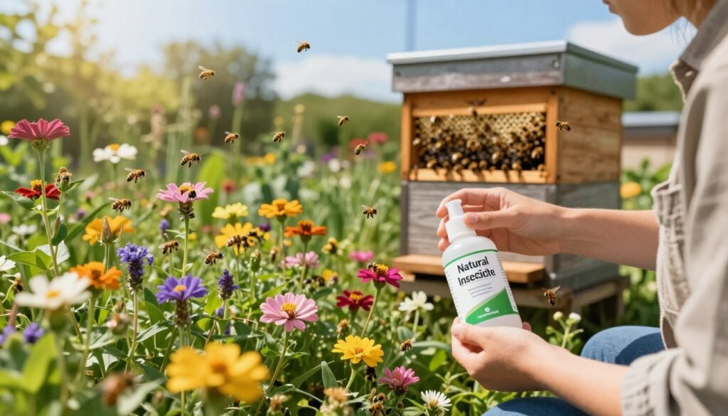 A lush, vibrant pollination yard filled with a variety of flowering plants, showcasing an abundance of bees actively pollinating. In the foreground, a person in casual yet professional attire examines a selection of eco-friendly pest control products designed to be safer for bees, holding a bottle labeled "Natural Insecticide." In the middle ground, a well-organized garden with diverse blooms attracts bees, with soft sunlight filtering through the leaves, creating a warm and inviting atmosphere. The background features a wooden hive, where bees are gently buzzing around, highlighting their essential role in the ecosystem. The scene conveys a sense of harmony and responsibility toward environmental protection, with a clear blue sky adding to the uplifting mood.