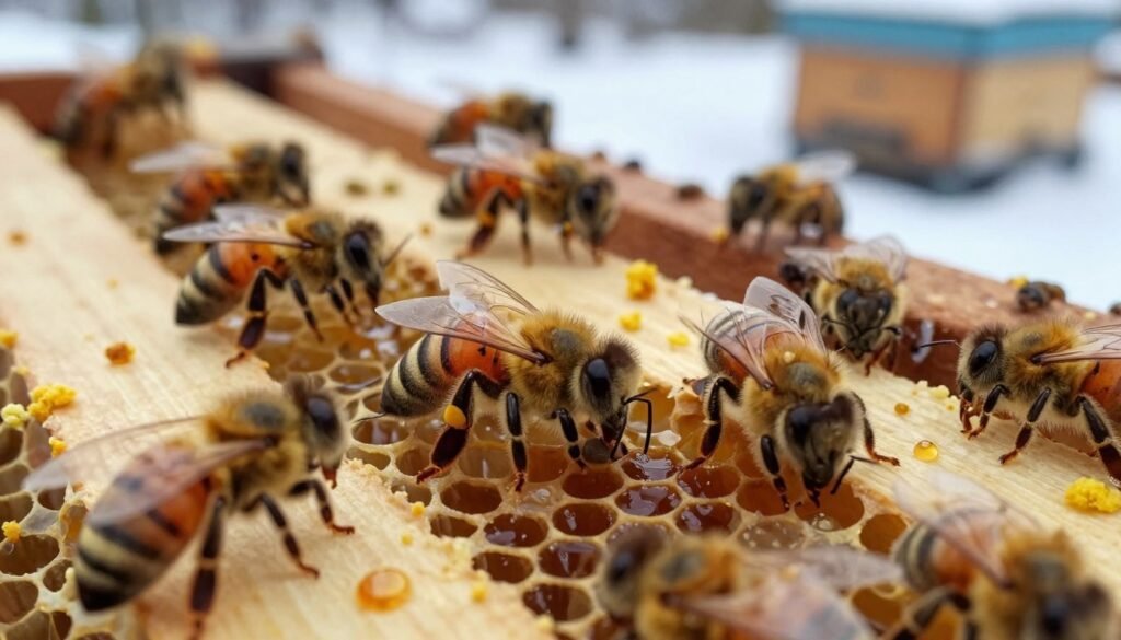 A macro view of winter preparation mites in a honeybee colony, showcasing several Varroa mites nestled among worker bees on a honeycomb frame. The foreground features a close-up of the mites, their distinct, oval shape and reddish-brown coloration contrasting with the golden fur of the bees. In the middle ground, bees are depicted tending to the hive, busily working as they prepare for the cold months ahead, with scattered pollen and honey droplets glinting in soft, natural light. The background captures a blurred glimpse of a beekeeping setup, including wooden hives coated in frost, hinting at the chilly atmosphere. The overall mood is one of diligent preparation and survival, emphasizing the critical role of mite management in beekeeping during winter.