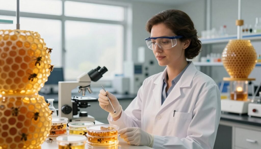 A majestic future research queen bee, surrounded by a laboratory setting filled with honeycomb structures and high-tech research equipment. In the foreground, a dignified woman in a stylish lab coat, wearing safety goggles, stands confidently, symbolizing leadership in apiculture research. Her hair is neatly styled, and she holds a beekeeping tool, showcasing her expertise. In the middle ground, a cluster of glowing petri dishes and microscope slides illustrates ongoing experiments. The background features large windows allowing natural light to flood the room, illuminating the atmosphere with a warm, inviting glow. The mood is one of innovation and hope, emphasizing the future of honey bee research. Use a soft focus lens to create a dreamy, inspirational effect.