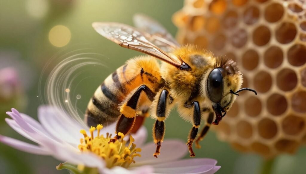 A majestic queen bee in a close-up view, showcasing her vibrant golden and black stripes, is surrounded by a soft glow. Her large, multifaceted eyes reveal determination, reflecting the importance of her role. In the foreground, delicate flowers bloom, adding a touch of nature's beauty and vibrant colors. In the middle ground, gentle swirling motions suggest the ethereal presence of sperm storage within her, subtly illuminated by dappled sunlight filtering through a green canopy above. The background features an abstract representation of a beehive, with honeycomb patterns softly blurred to focus on the queen. The mood is one of life, vitality, and biological readiness, evoking the essence of nature’s cycle. The lighting is warm and inviting, emphasizing the life on the verge of new beginnings.
