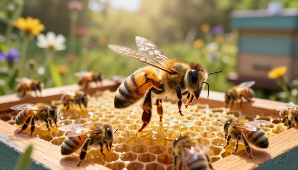 A majestic queen bee in the foreground, her golden, shimmering abdomen adorned with delicate patterns, reflecting the sunlight as she hovers gracefully above a vibrant hive. Surrounding her are worker bees in a flurry of activity, highlighting the hive's bustling environment. The middle ground features a richly textured beehive, crafted from natural wood, filled with honeycomb cells glistening with sweetness. In the background, a serene garden filled with blooming wildflowers and soft greenery, bathed in warm sunlight, adds depth and tranquility to the scene. The lighting is soft and golden, evoking a sense of calm anticipation. The angle is slightly low, emphasizing the queen's prominence and grace, creating a peaceful yet energetic atmosphere that captures the essence of hive life and the excitement of the mating flight season.