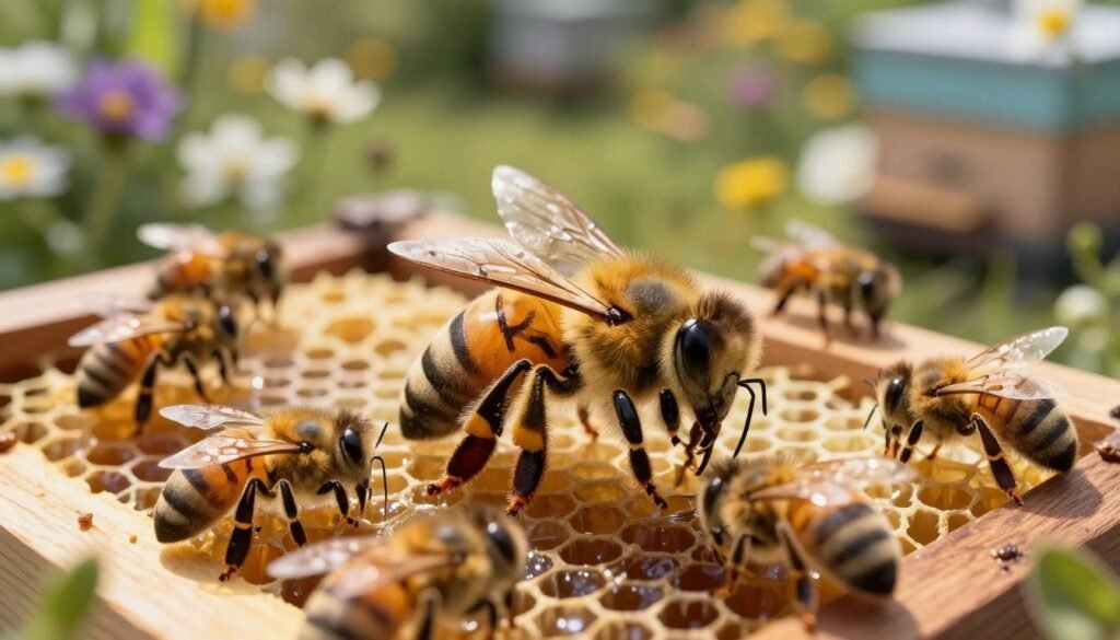 A majestic queen bee, radiating elegance, is positioned prominently in the foreground of the image, showcasing her distinctive elongated body and vibrant golden markings. Surrounding her are several attentive worker bees, their activities highlighting the hive's dynamic environment. In the middle ground, the hive is intricately detailed, with honeycomb structures glistening under soft, warm lighting that casts gentle shadows, emphasizing the bees' hive duties. The background features a sunlit garden filled with blooming flowers, creating an idyllic and natural setting. The overall atmosphere is productive and serene, capturing the essence of a thriving beekeeping operation. The perspective is slightly elevated, giving viewers a clear view of the queen and her realm, while ensuring a balanced focus on both the queen bee and her worker companions.