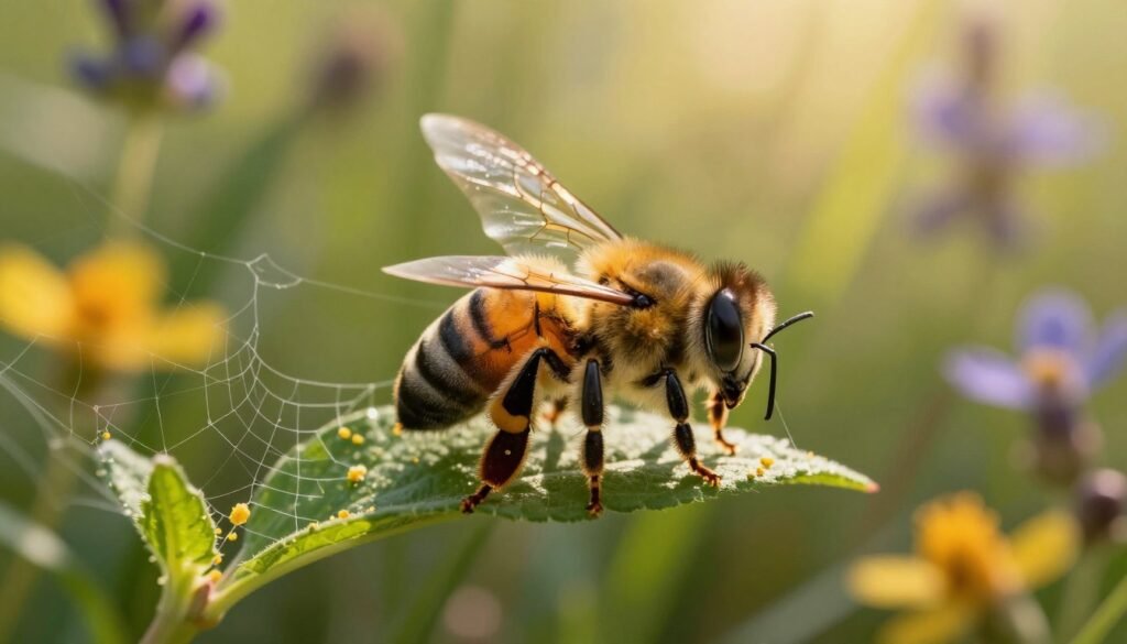 A majestic virgin queen bee perched elegantly on a lush green leaf, wings slightly spread to reveal their shimmering pattern. Her regal appearance is complemented by a delicate halo of soft sunlight filtering through a blurred background of vibrant wildflowers and foliage, creating a dreamy atmosphere. In the foreground, an intricate web of fine pollen can be seen, hinting at the successful mating process. The lighting is warm and inviting, reminiscent of late afternoon, casting gentle shadows that enhance the depth of field. The angle is slightly elevated, showcasing the queen's grandeur while also capturing the lush biodiversity surrounding her, evoking a sense of wonder and the beauty of nature's cycle.