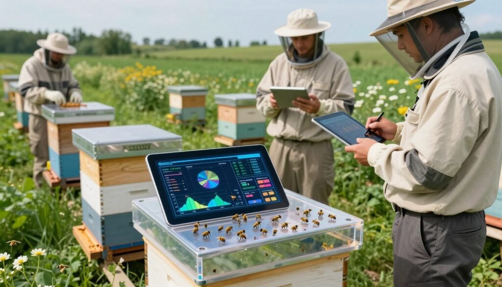 A medium-tech beehive situated in a serene apiary, showcasing an advanced data management system. In the foreground, a clear view of the hive with transparent data panels displaying vibrant graphs and statistics about bee activity and health. The middle ground features beekeepers dressed in modest, professional attire, attentively monitoring the hive, utilizing tablets to gather data. The background depicts a lush, green landscape with flowering plants attracting bees, under a bright blue sky. Soft natural lighting illuminates the scene, highlighting the delicate details of the bees and the hive. The mood conveys a sense of innovation and commitment to sustainable beekeeping practices. The angle is slightly elevated to capture the hive's multi-layered structure and the beekeepers’ interaction with the technology.