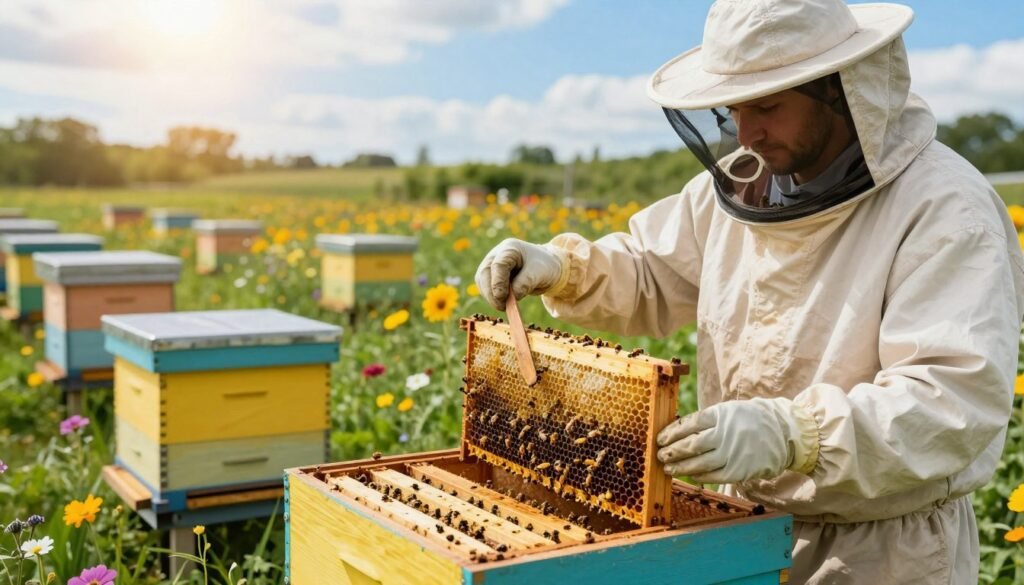 A meticulous beekeeping scene depicting best practices for hive sanitation. In the foreground, a beekeeper in a protective suit carefully inspects uncapped beehive cells with dead larvae using a wooden tool. The middle ground features vibrant beehives surrounded by healthy flowers and lush greenery, highlighting the importance of hive maintenance. In the background, a bright blue sky with soft clouds filters sunlight, casting a warm glow over the scene. The overall atmosphere conveys a sense of diligence and care in bee farming, with an emphasis on cleanliness and health in hive management. The composition is balanced to give a clear view of the hives, larvae, and the beekeeper's focused expression, shot from an eye-level angle to engage the viewer directly.