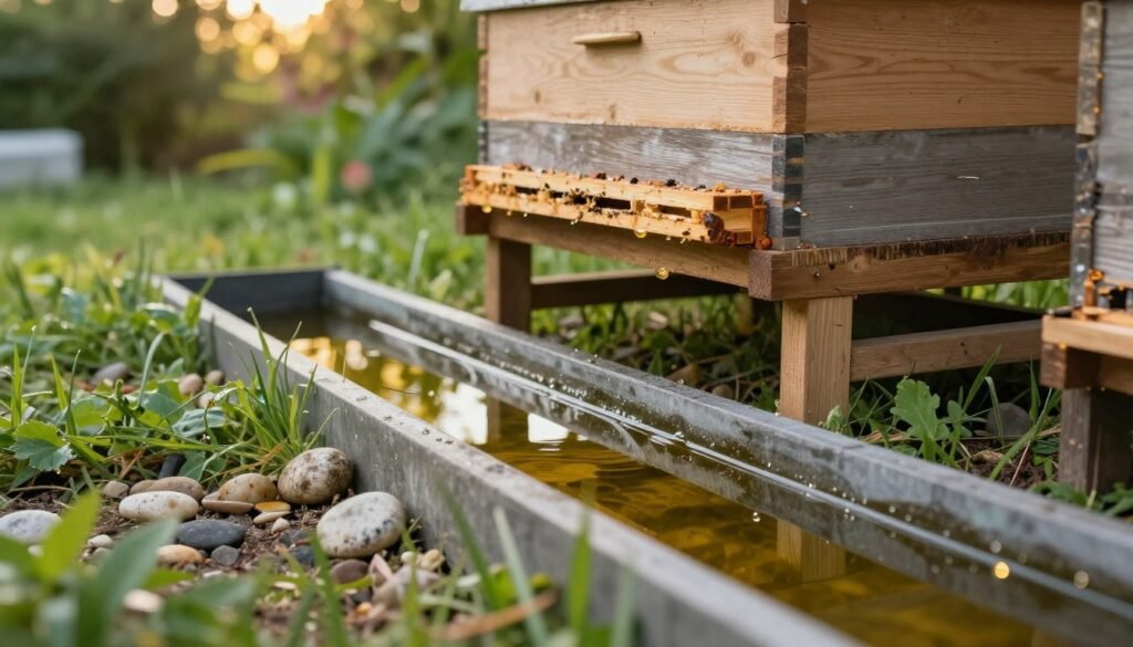 A meticulously arranged oil moat surrounding the legs of a beehive stand, highlighting an effective ant control strategy. In the foreground, the moat glimmers under soft, natural lighting, reflecting the surrounding environment, with droplets forming on the edges. The hive stand is depicted with sturdy legs, supporting the hive, set on a grassy surface. In the middle ground, rich green foliage and scattered pebbles provide texture and realism. The background showcases a blurred garden setting, imbued with warm sunlight filtering through trees, contributing to a serene atmosphere. The composition conveys a sense of diligence and innovation in pest management, emphasizing the moat's protective role in maintaining hive health.