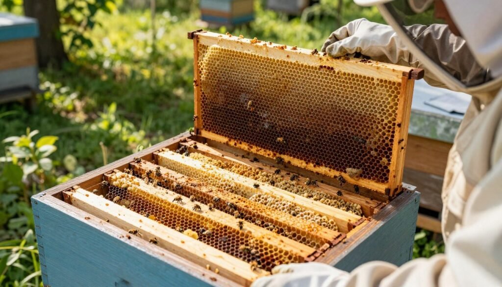 A meticulously arranged set of brood frames within a wooden beehive, each frame showcasing distinct patterns of honeycomb filled with dense brood in various stages. In the foreground, focus on a frame held by a professional beekeeper wearing a protective suit and gloves, examining the brood closely. The middle ground reveals additional frames positioned neatly within the hive, illustrating different brood patterns and a few bees actively attending to the brood. The background features a serene apiary setting, with lush greenery and soft sunlight filtering through the trees, creating a warm and inviting atmosphere. The image is brightly lit with natural sunlight, shot from a slightly elevated angle to capture depth and detail in the hive structure and the surrounding environment.