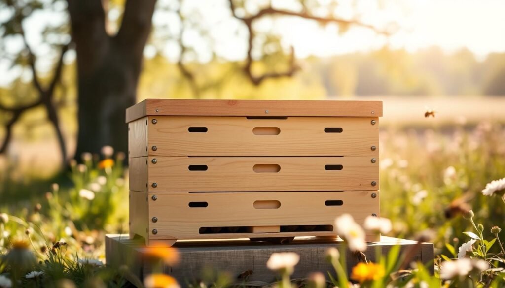A meticulously designed five-frame NUC box for transporting honeybees, prominently displayed in the foreground. The box features individual frames housing bees in a natural wooden finish, with ventilation holes and secure latches, emphasizing safety and reliability. In the middle ground, a serene outdoor setting with soft natural daylight filters through the trees, creating dappled sunlight on the box, enhancing the sense of tranquility. The background displays a blurred landscape of wildflowers and flowering plants, symbolizing the bees’ natural habitat. The atmosphere is calm and professional, with a focus on functionality. The composition should be captured at eye level, using a shallow depth of field to bring the NUC box into sharp focus while softly blurring the background, evoking a sense of purpose and care in bee transportation. A meticulously designed five-frame NUC box for transporting honeybees, prominently displayed in the foreground. The box features individual frames housing bees in a natural wooden finish, with ventilation holes and secure latches, emphasizing safety and reliability. In the middle ground, a serene outdoor setting with soft natural daylight filters through the trees, creating dappled sunlight on the box, enhancing the sense of tranquility. The background displays a blurred landscape of wildflowers and flowering plants, symbolizing the bees’ natural habitat. The atmosphere is calm and professional, with a focus on functionality. The composition should be captured at eye level, using a shallow depth of field to bring the NUC box into sharp focus while softly blurring the background, evoking a sense of purpose and care in bee transportation.