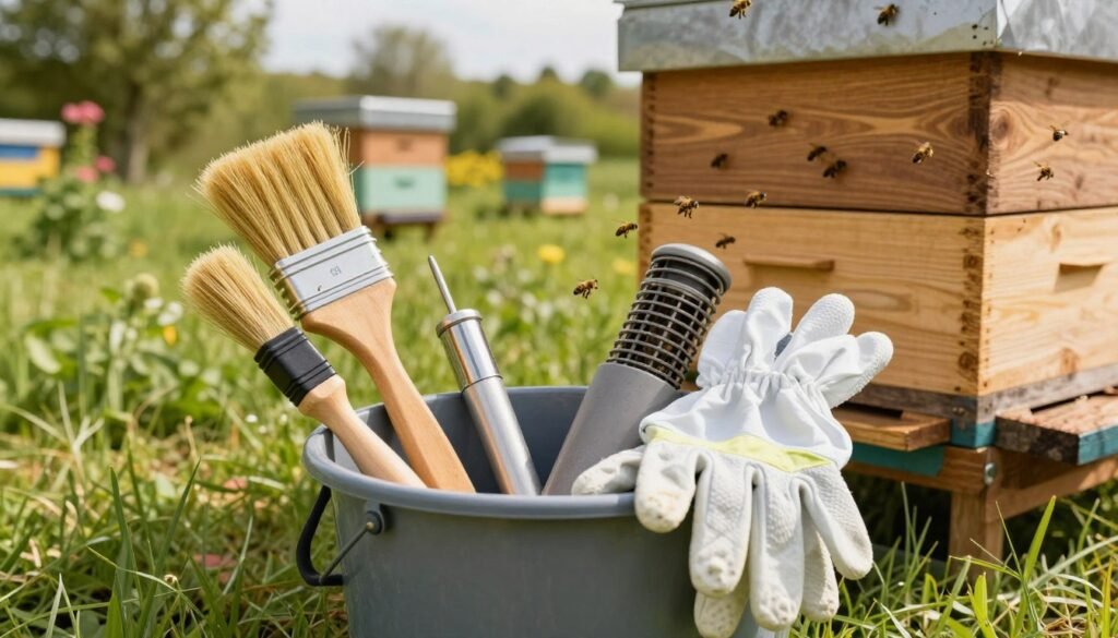 A meticulously organized apiary tool bucket set against a grassy backdrop in a sunny outdoor environment. In the foreground, prominently displayed are essential hive tools such as a bee brush, hive tool, smoker, and protective gloves neatly arranged in a durable, colorful bucket. The middle ground features a wooden beehive with healthy bees buzzing around, evoking a sense of active hive management. The background showcases a serene apiary scene with flowering plants and trees, under soft, natural lighting that creates a warm, inviting atmosphere. The image is captured from a slightly elevated angle, offering a clear view of the tools and their importance in disease management, emphasizing preparation and care in beekeeping.