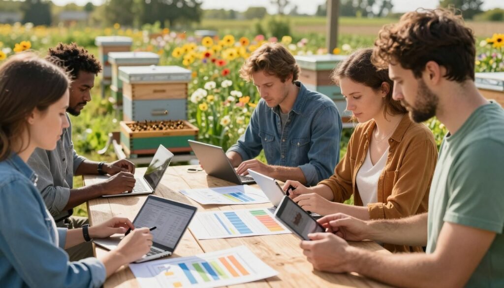 A meticulously organized outdoor workspace on a farm during the vibrant pollination season, showcasing a wooden table covered with colorful charts and digital devices used for data gathering. In the foreground, a diverse group of professionals in modest casual clothing analyze data on tablets, their focused expressions illuminated by warm, natural sunlight filtering through nearby flowering plants. In the middle, a soft-focus background features beehives buzzing with activity, surrounded by blooming flowers that symbolize the importance of pollination in crop production. The composition captures a harmonious blend of technology and nature, conveying a sense of diligence and collaboration in overcoming data gaps in agricultural records. The scene is framed with a slight upward angle, emphasizing the connection between technology and nature. The atmosphere is productive and focused, reflecting the critical importance of accurate record keeping during the seasonal peak.
