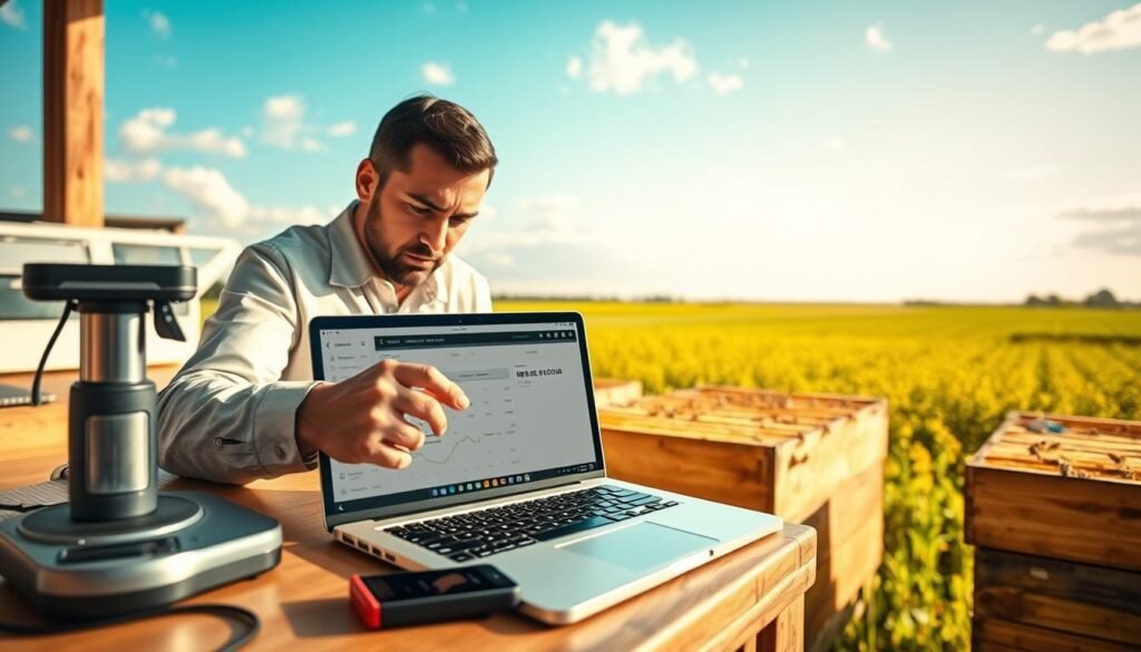 A modern apiarist’s workspace featuring a sleek laptop displaying an intuitive beekeeping app, surrounded by digitally advanced tools like a high-tech hive scale and a smartphone with beekeeping analytics. In the foreground, a well-dressed professional inspecting a detailed beekeeping record on the laptop, embodying efficiency and success in apiculture. The middle ground showcases vibrant honeycombs and active bees at a sunny apiary, enhancing the connection to the craft. The background should depict a clear blue sky with soft clouds and green fields, signifying a thriving environment. The scene is bathed in warm, natural lighting to create an inviting and productive atmosphere, shot at a slight angle to evoke depth and focus.