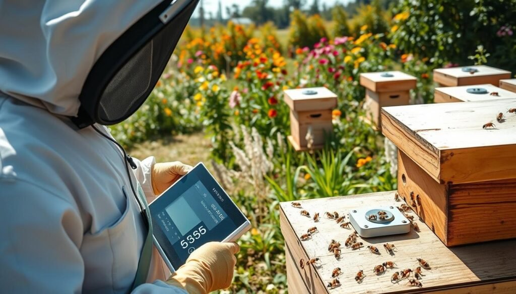 A modern bee farm scene featuring advanced hive monitoring technology. In the foreground, a beekeeper wearing a professional protective suit examines a sleek, digital hive scale displaying real-time data. In the middle ground, several beehives equipped with high-tech sensors are visible, surrounded by busy bees. The background showcases a lush garden with colorful flowers under bright daylight, creating a vibrant atmosphere. The image is captured with a slight overhead angle, enhancing the focus on the scale and the beekeeper’s interaction. Soft natural lighting highlights the intricate details of the equipment and the bees, conveying a sense of innovation and dedication in beekeeping.