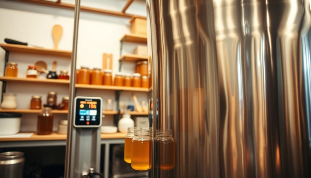 A modern heated bottling tank designed specifically for honey production, showcasing its sleek stainless steel exterior with polished surfaces. In the foreground, the tank features a digital temperature control panel, illuminated by soft LED lighting, emphasizing its advanced technology. The middle ground includes honey jars in various sizes ready for filling, some partially filled with golden honey, glistening under the warm, ambient light. The background presents a clean, organized workspace with wooden shelves displaying honey-related tools and equipment. The atmosphere is warm and inviting, highlighting the artisanal nature of small-scale honey production, captured from a low angle to emphasize the tank's impressive height and functionality. The scene is well-lit to accentuate the textures and colors of the materials. A modern heated bottling tank designed specifically for honey production, showcasing its sleek stainless steel exterior with polished surfaces. In the foreground, the tank features a digital temperature control panel, illuminated by soft LED lighting, emphasizing its advanced technology. The middle ground includes honey jars in various sizes ready for filling, some partially filled with golden honey, glistening under the warm, ambient light. The background presents a clean, organized workspace with wooden shelves displaying honey-related tools and equipment. The atmosphere is warm and inviting, highlighting the artisanal nature of small-scale honey production, captured from a low angle to emphasize the tank's impressive height and functionality. The scene is well-lit to accentuate the textures and colors of the materials.