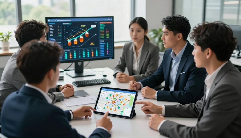 A modern, high-tech office environment focused on supply chain transparency. In the foreground, a diverse team of professionals in smart business attire is engaged in a discussion, with one person pointing at a digital tablet displaying a detailed map of honey supply chains, showcasing lot tracking information. In the middle background, transparent screens display real-time data and analytics related to honey production and distribution, illuminated by soft, natural lighting from large windows. The atmosphere conveys collaboration and innovation, highlighting the importance of digital tools in enhancing supply chain visibility. The angle is slightly elevated, offering a wide view of the teamwork in action, with greenery visible outside the windows, blending nature and technology seamlessly.