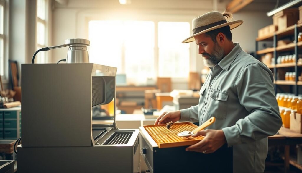 A modern honey extractor in a bright, airy workshop setting, focusing on both manual and electric models side by side. In the foreground, a professional beekeeper in modest casual clothing is examining the electric honey extractor, showcasing its sleek design and efficiency features. The middle ground highlights the manual honey extractor with honeycomb frames and tools neatly arranged, emphasizing physical demands of the manual process. The background is filled with warm natural light streaming through large windows, illuminating the workspace that is filled with beekeeping equipment and honey jars, creating a productive and efficient atmosphere. The mood is one of diligence and innovation, capturing the essence of operational efficiency in beekeeping. A modern honey extractor in a bright, airy workshop setting, focusing on both manual and electric models side by side. In the foreground, a professional beekeeper in modest casual clothing is examining the electric honey extractor, showcasing its sleek design and efficiency features. The middle ground highlights the manual honey extractor with honeycomb frames and tools neatly arranged, emphasizing physical demands of the manual process. The background is filled with warm natural light streaming through large windows, illuminating the workspace that is filled with beekeeping equipment and honey jars, creating a productive and efficient atmosphere. The mood is one of diligence and innovation, capturing the essence of operational efficiency in beekeeping.