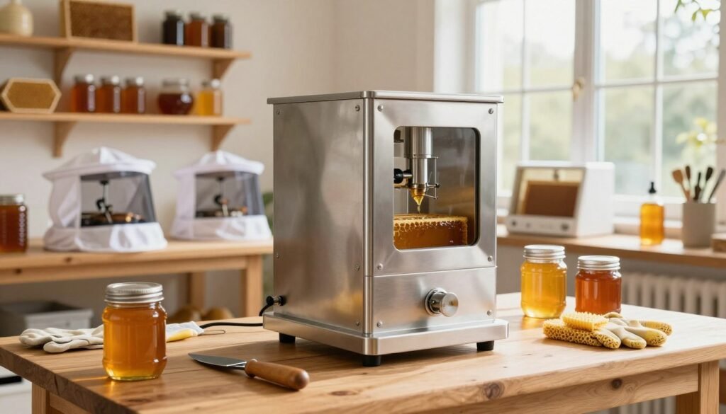 A modern honey extractor prominently displayed in a bright, well-organized honey house. In the foreground, the extractor, made of stainless steel with a clear glass viewing window, is positioned on a sturdy wooden table surrounded by honey jars and tools like a uncapping knife and beeswax. In the middle ground, beekeeping equipment, such as protective veils and gloves, are neatly arranged, suggesting a working environment. The background features shelves lined with honeycombs and tools, softly illuminated by warm natural light streaming through large windows, creating a welcoming atmosphere. The angle showcases the honey extractor's design, emphasizing its functionality while maintaining a clean and efficient setting. The scene conveys a sense of professionalism and dedication to optimizing honey extraction processes.