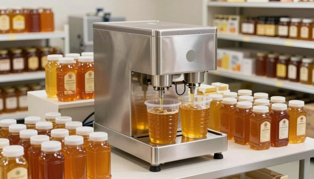 A modern honey filling machine in a well-organized honey house, positioned centrally in the foreground. The machine features a sleek stainless steel design with clear containers filled with golden honey ready for bottling. Surrounding the machine, neatly arranged bottles of various sizes await filling, showcasing the packaging process for retail success. In the middle ground, jars filled with honey are displayed, emphasizing their labels and branding. The background depicts shelves stocked with honey-related products and equipment, creating a bustling yet orderly atmosphere. Soft, warm lighting highlights the honey's natural glow, lending an inviting feel to the scene. The angle is slightly elevated to provide a comprehensive view of the filling station, capturing the essence of a professional honey bottling operation.