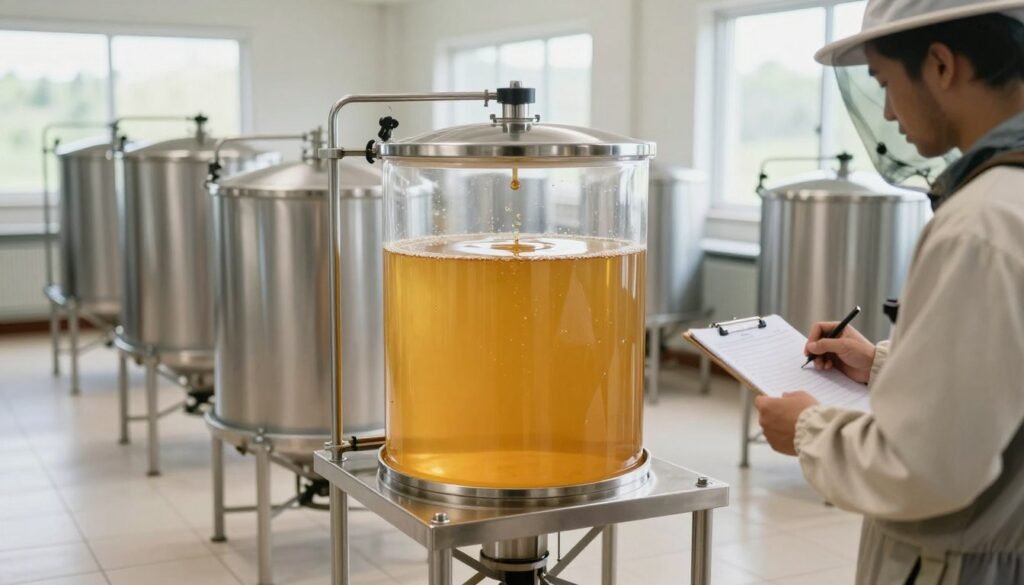 A modern honey settling tank set in a well-lit indoor facility, showcasing a large transparent cylindrical tank partially filled with golden honey, surrounded by a clean, polished stainless steel structure. In the foreground, a professional beekeeper in modest casual clothing examines the tank, using a clipboard to note details. The middle ground features various sizes of settling tanks, organized methodically on a tiled floor, emphasizing the importance of size selection. The background highlights windows allowing natural light to flood the room, creating a bright and inviting atmosphere. Use soft lighting to capture the honey's glistening texture, with a shallow depth of field to focus on the tank while gently blurring the surroundings, conveying a sense of professionalism and careful consideration in tank selection.