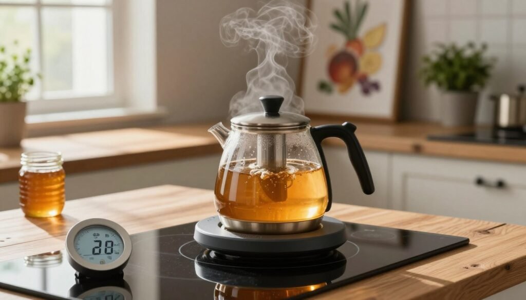 A modern kitchen setting featuring an elegant glass kettle with steam gently rising, indicating controlled heat. In the foreground, a digital thermometer displays an optimal temperature reading while the kettle sits atop a sleek induction stove. The middle ground includes a rustic wooden countertop adorned with a jar of crystallized honey, emphasizing the process of liquefaction. Soft, natural light streams in from a nearby window, casting gentle shadows and creating a warm atmosphere. The background subtly showcases framed culinary posters and herbs in pots, complementing the homey vibe. The focus is sharp on the kettle while the background remains slightly blurred, giving depth to the scene and highlighting the importance of temperature control in the honey liquefaction process.