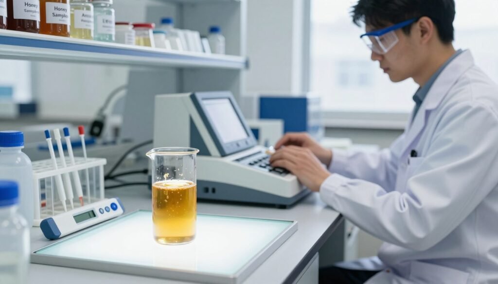 A modern laboratory scene focused on amylase activity testing. In the foreground, a clear glass cuvette filled with honey samples sits on a lightbox, illuminated to enhance the golden color of the honey. Next to it, a digital thermometer and pipettes are arranged neatly. In the middle ground, a scientist in a lab coat, with safety goggles, operates a colorimeter, observing readings on the screen. The background features shelves filled with laboratory equipment and jars labeled "Honey Samples" and "Amylase Reagents." Soft, natural lighting from a window creates a bright, professional atmosphere, highlighting the precision and importance of the testing methods. Aim for a clean, focused composition that reflects scientific rigor and attention to detail.