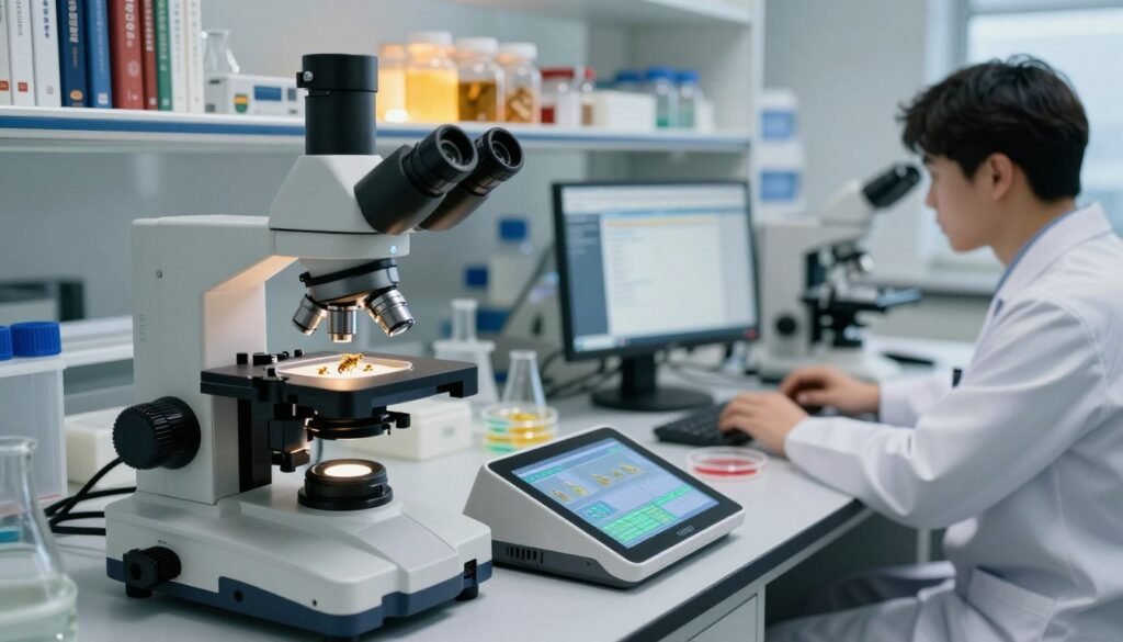A modern laboratory setting featuring advanced diagnostic tools for monitoring bee colonies. In the foreground, a high-resolution digital microscope is examining bee samples, with vibrant colors highlighting the bee anatomy. Beside it, a sleek, portable spectrometer displays complex data on a tablet screen. In the middle ground, a researcher in professional attire focuses on a computer with analytical software, surrounded by glass slides and petri dishes. The background showcases shelves filled with beekeeping research books and jars of samples under warm, ambient lighting. The atmosphere is one of innovation and scientific inquiry, emphasizing a commitment to advancing bee health research. Shot with a shallow depth of field to emphasize the tools, creating a sense of focus and clarity.