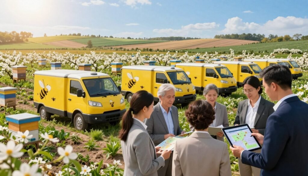 A modern logistics hub for pollination services in an agricultural setting. In the foreground, a diverse team of professionals in business attire examines maps and tablet screens, showcasing advanced route-planning software for multi-farm contracts. The middle ground features a fleet of vibrant, branded delivery vehicles with bee motifs, positioned near lush farms dotted with blossoming crops. The background illustrates a picturesque landscape of rolling fields under a bright blue sky, with beekeeping hives strategically placed among the flowers. Soft sunlight bathes the scene, casting a warm glow and emphasizing the collaborative spirit. The composition conveys a sense of organization and innovation in pollination logistics, creating a bustling yet harmonious atmosphere. A modern logistics hub for pollination services in an agricultural setting. In the foreground, a diverse team of professionals in business attire examines maps and tablet screens, showcasing advanced route-planning software for multi-farm contracts. The middle ground features a fleet of vibrant, branded delivery vehicles with bee motifs, positioned near lush farms dotted with blossoming crops. The background illustrates a picturesque landscape of rolling fields under a bright blue sky, with beekeeping hives strategically placed among the flowers. Soft sunlight bathes the scene, casting a warm glow and emphasizing the collaborative spirit. The composition conveys a sense of organization and innovation in pollination logistics, creating a bustling yet harmonious atmosphere.