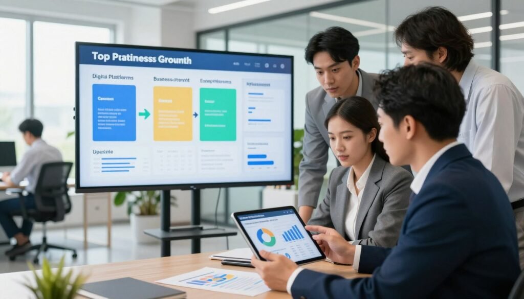 A modern office environment focused on platform evaluation for business growth. In the foreground, a diverse group of three professionals in business attire (two men and one woman) is examining graphs and statistics on a tablet, showcasing data-driven decision-making. In the middle, a large screen displays a colorful comparison chart of various digital platforms, symbolizing options for customer follow-up systems. The background features a bright, airy workspace with contemporary furniture and greenery, suggesting a collaborative atmosphere. Natural light floods the room through big windows, creating an inviting mood. The image should convey focus, analysis, and teamwork, capturing the essence of evaluating top platforms for small business growth.