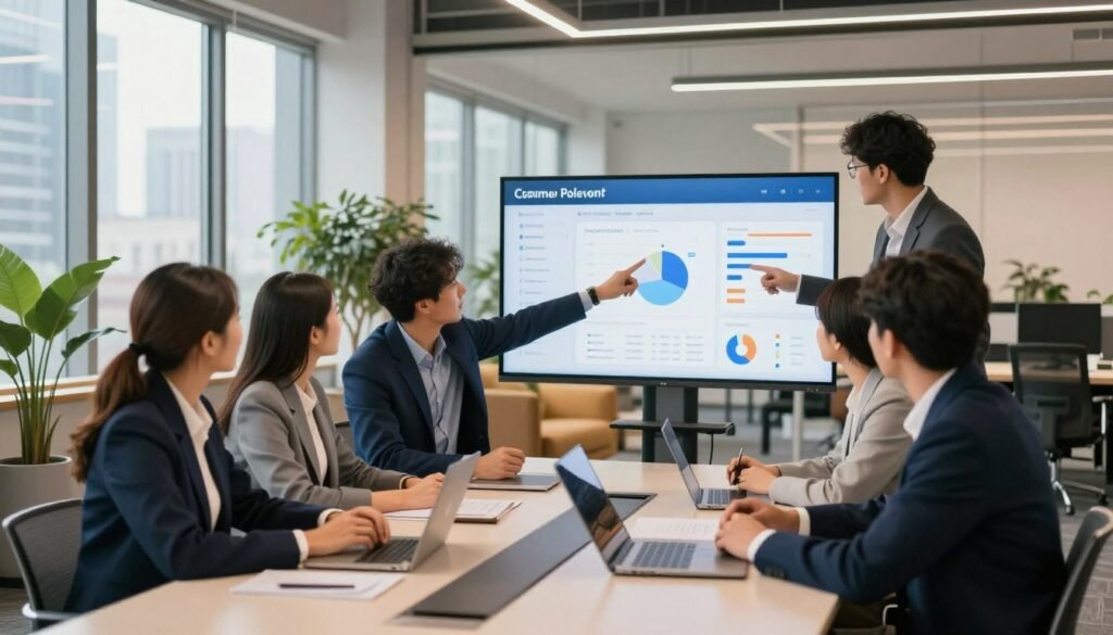 A modern office environment showcasing integration with a customer relationship management (CRM) system. In the foreground, a diverse group of professionals in smart business attire is engaged in a collaborative meeting around a sleek conference table, with one person pointing at a large screen displaying a CRM interface filled with graphs and customer data. The middle ground features stylish office elements like potted plants and contemporary furniture. In the background, large windows reveal a bustling cityscape bathed in warm, natural light, creating a vibrant and productive atmosphere. The scene is framed with a slight depth of field to draw attention to the group, suggesting teamwork and strategic decision-making. The overall mood is dynamic and focused, embodying the essence of effective customer follow-up systems.