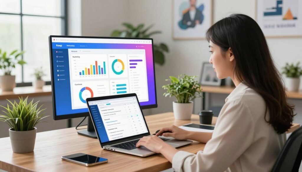 A modern office environment showcasing the Keap marketing automation platform on a sleek laptop. In the foreground, a confident young businesswoman in professional attire is engaged with the platform, analyzing customer data and creating follow-up campaigns. The middle ground features a vibrant screen displaying colorful graphs, charts, and user interfaces that represent marketing automation features. The background includes a well-decorated workspace with potted plants and motivational artwork, emphasizing a productive atmosphere. Soft, natural lighting streams through a nearby window, creating an inviting and focused mood. The camera angle is slightly elevated, providing a comprehensive view of the workspace and emphasizing the functionality of the platform in enhancing small business marketing strategies.